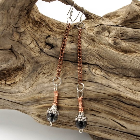 Long Copper Chain Earrings with Crackle Glass Beads - Picture 1 of 9